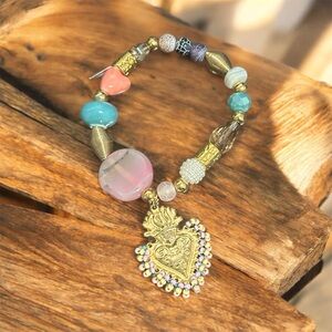 Artisan Gold and Multicolor Beaded Heart Bracelet